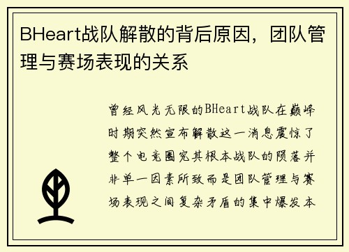 BHeart战队解散的背后原因，团队管理与赛场表现的关系