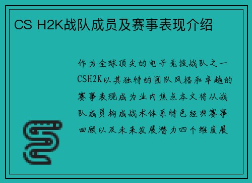 CS H2K战队成员及赛事表现介绍