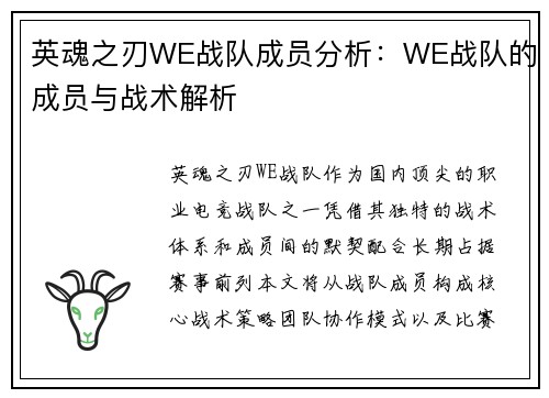英魂之刃WE战队成员分析：WE战队的成员与战术解析