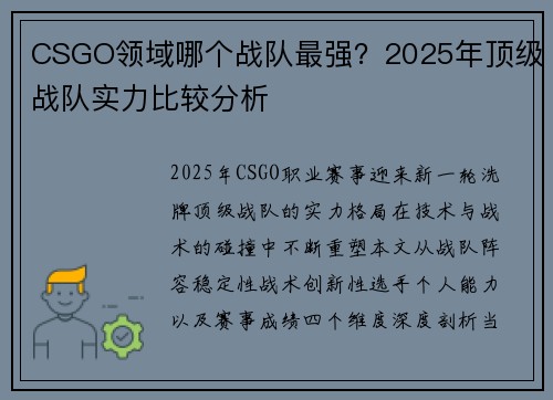CSGO领域哪个战队最强？2025年顶级战队实力比较分析